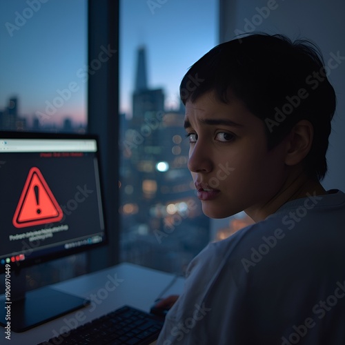 Online Scammer Using Laptop in Dark Room