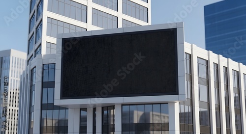 a 3D videotron mockup installed on a modern urban building facade, large blank LED screen surface, realistic perspective and scale
