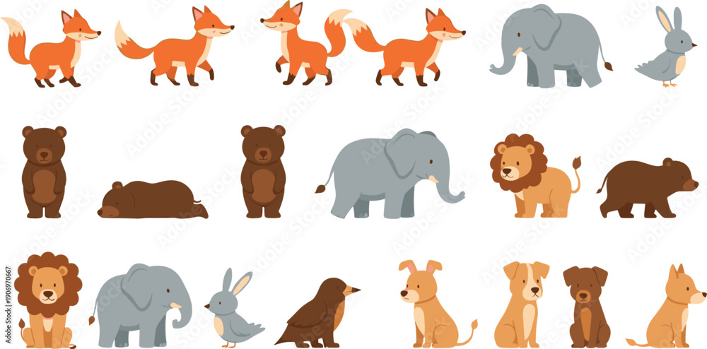 Fototapeta premium Cute Cartoon Animal Illustration Set with Fox Bear Elephant Lion Rabbit Dog and Forest Wildlife Characters for Kids Vector Designs