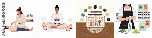 Vector illustration set depicting crystal healing, energy guide, chakra balancing, meditation, Himalayan salt lamps, and crystal elixir water preparation for holistic wellness.