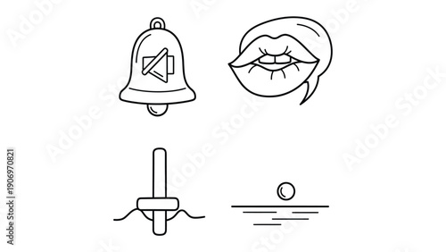 Silent Signals: A collection of minimalist illustrations, featuring a muted bell, speech bubble, buoy, and sun, each offering a unique symbolic message