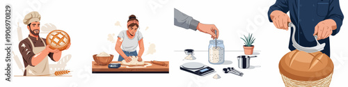 A sequence of illustrations showing the artisanal process of baking: from handling flour and sourdough starter to kneading dough, and the final scoring and presentation of fresh bread.