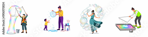 Bubble Show Performers Set: Artists Creating Giant Soap Bubbles for Entertainment, Magic, and Joyful Events.