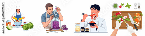 Fermentation process illustration set: Preparing kimchi, making sauerkraut, chopping vegetables, and enjoying healthy probiotic meals.