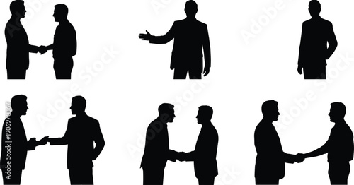 Businessmen handshake silhouette set, professional male partners in suits, corporate deal meeting, successful partnership icons, men standing and greeting collection,