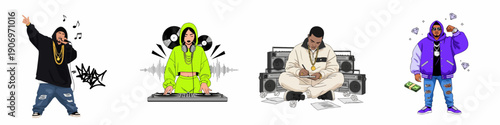 Hip Hop culture illustration set featuring a rapper, female DJ, music producer writing lyrics, and a wealthy urban lifestyle character.