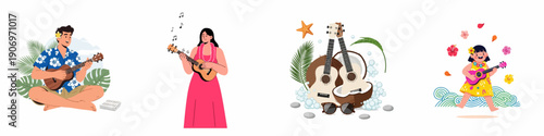 Vector Illustration Set of People Playing Ukulele and Tropical Summer Elements Including Instruments, Coconuts, Beach Accessories, and Hawaiian Holiday Vibes.