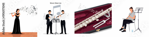 Flute Music Vector Set: Elegant Female Performer, Orchestra Musicians, Instrument Case Detail with Tuning Fork, and Student Practice Illustration Collection.