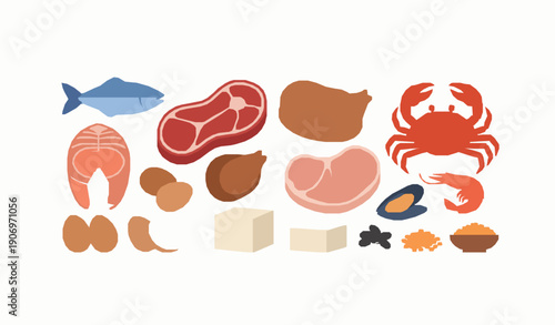 protein rich food assortment vector with fish meat eggs and seafood,