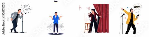Diverse set of stand-up comedians performing on stage, illustrating successful routines, nervous moments, public speaking, and applause in a lively show.