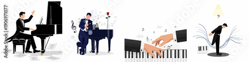 Vector set of professional pianists playing the grand piano, preparing, and bowing, symbolizing classical concert performance and music artistry.