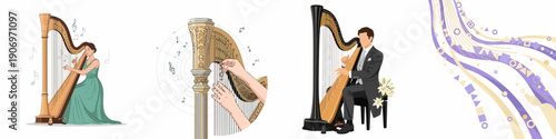 Elegant Harp Performance Vector Illustrations: Female and male musicians playing classical pedal harps with tuning details and abstract wave graphics.