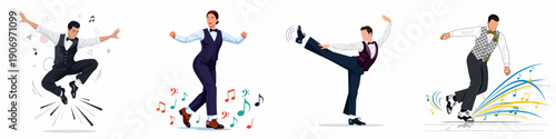 Energetic Jazz and Tap Dance Performers Set. Male and Female Dancers in Vintage Suits and Vest Outfits Expressing Rhythm and Movement.