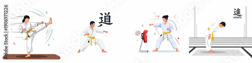 Karate Training Set: Illustrations of martial arts techniques, including kicking, punching, and bowing, featuring practitioners in white Gi uniforms and yellow belts.