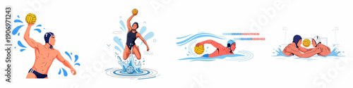 A vector illustration set of dynamic water polo actions, featuring players shooting, swimming, grappling, and competing in a fast-paced aquatic sport.