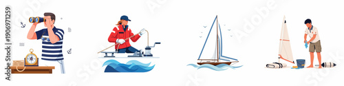 Sailing and Yachting Activities Illustration Set: Mariner with Binoculars, Woman Winching Rope, Sailboat on Waves, and Boat Maintenance.