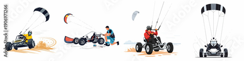 Dynamic Vector Illustrations of Kite Buggying: Extreme Sports, Setup, and High-Speed Action on Sand or Land.