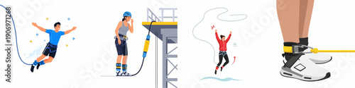 Bungee jumping vector illustration set showing people taking the plunge, preparation, and close-up details of harnesses and safety equipment for extreme adventure sports.