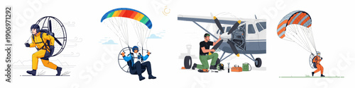 Aviation activities set: Paramotor pilots launching and flying, alongside an aircraft mechanic performing repairs on a propeller airplane engine.