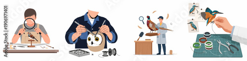 Taxidermy craft process illustration set: professionals mounting, preserving, and restoring bird specimens using detailed tools and scientific methods.