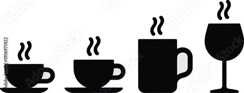 Coffee cup and tea mug with steam silhouette set, hot beverage glass icons, kitchenware vector collection, morning drink symbols, cafe,