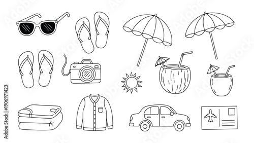 Vacation Icons: A collection of meticulously outlined, monochromatic vacation essentials, each symbol meticulously rendered to represent the spirit of travel and relaxation.