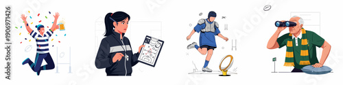 Rugby Sports Collection: Fan Celebration, Female Coach Strategy, Player Kicking, and Senior Spectator Watching the Match.