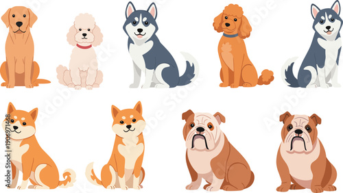 Cute Cartoon Dog Breed Character Set with Husky Poodle Bulldog and Shiba Puppies for Kids Vector Illustration Projects