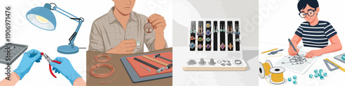 Handmade Jewelry Making Process: Illustration of artisan designing, crafting, and displaying unique wire-wrapped rings, earrings, and pendants using tools and materials.