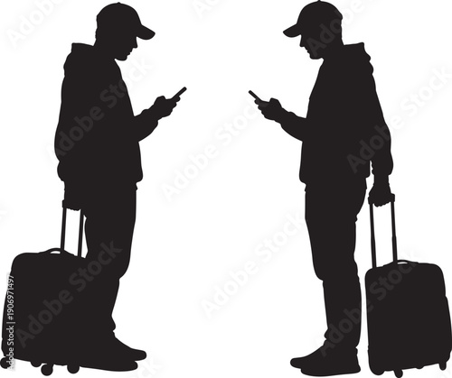 Two travelers with luggage and smartphones in hand