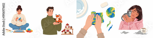 Fiber arts hobby illustration set: people creating handmade crafts like felted animals, wet felting textiles, and enjoying cozy moments.