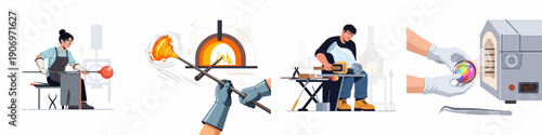 Glassblowing and Glass Art Production Process Illustrations: Artisans working with molten glass, using furnaces, shaping tools, and finishing colorful handcrafted objects.