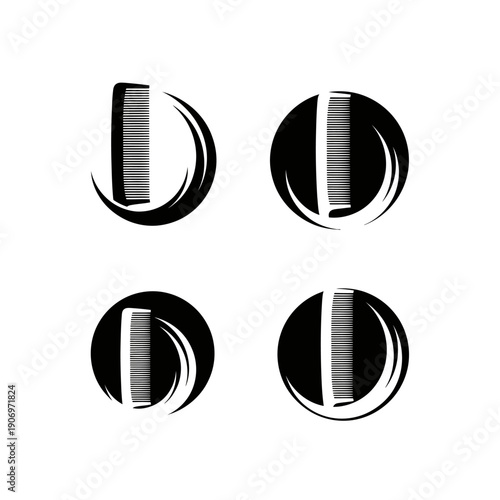 Black Comb Icons Set, Hairdressing Tools, Barber Shop Logo Elements