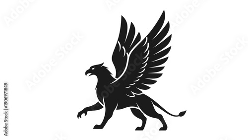 Black Griffin Silhouette with Wings Spread, Mythical Creature Emblem