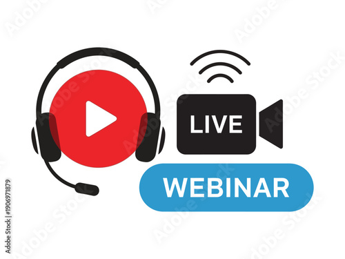 Webinar and live streaming icons featuring headsets cameras and video play buttons design