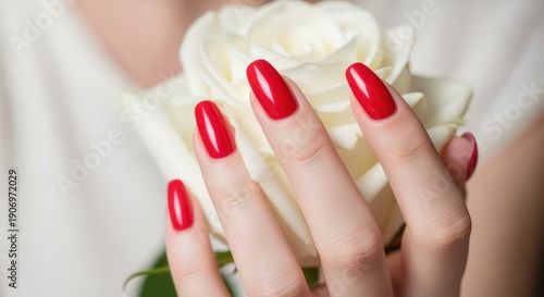 Woman with vibrant red nails holding white rose, elegant manicure