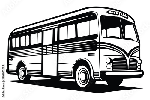 Vintage bus classic transportation retro vehicle travel journey road trip school bus black and white illustration