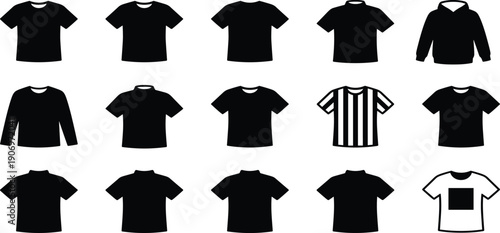 Collection of sixteen black and white shirt icons including t-shirts, polos, hoodies, long-sleeve and patterned designs for fashion, clothing, and branding