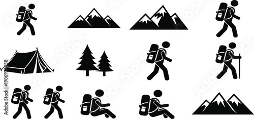 Collection of black silhouette hiking and camping icons including hikers, backpacks, mountains, tent, and pine trees for outdoor adventure and nature design