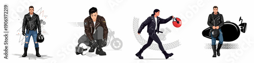 Stylish Motorcycle Riders Vector Set: Diverse Men and Woman in Leather Jackets and Biker Gear on White Background.