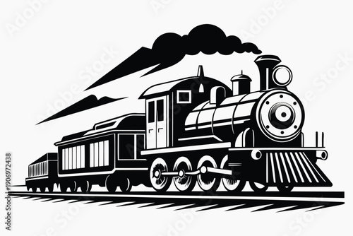 Vintage steam train locomotive railroad journey transportation black and white illustration