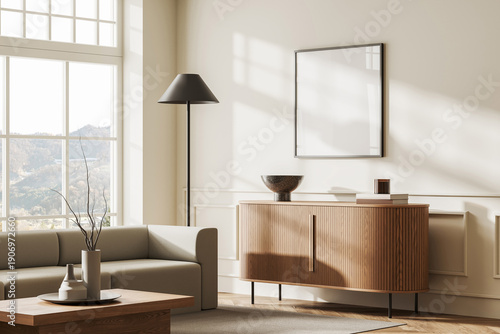 Bilde på lerret Blank poster mockup on wall in stylish living room interior with wooden sideboard, modern furniture, warm sunlight, and neutral decor