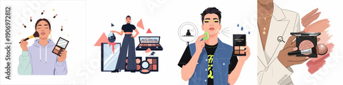 Diverse people engaging in makeup routines, applying cosmetics, highlighting, and contouring, representing beauty tutorials and professional styling concepts.
