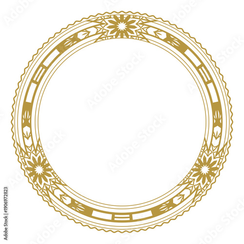 A round gold frame with a vintage floral pattern. Design for a decorative plate, wall hanging and more. Vector illustration