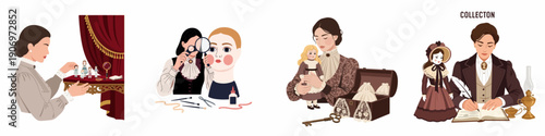 Victorian and Edwardian Women Engaging in Antique Doll Collection, Restoration, Preservation, and Documentation of Vintage Porcelain Figures and Historical Hobby.