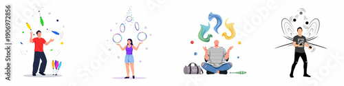 Modern flat vector illustrations showing various aspects of juggling, including practicing with clubs and rings, and the mental focus required for the art form.