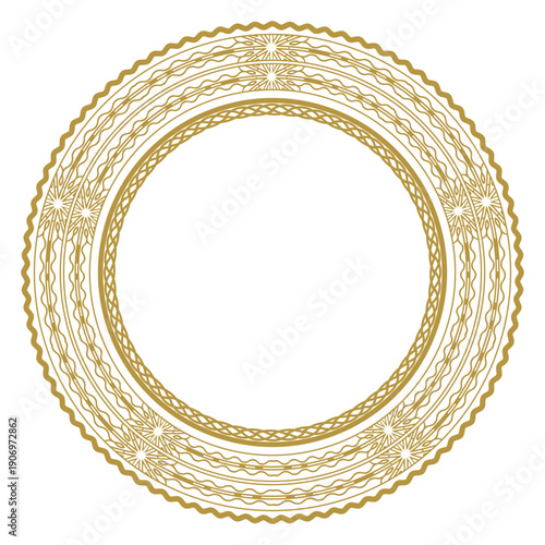 A round gold frame with an openwork five-pointed ornament. Design for a decorative plate, wall hanging and more. Vector illustration