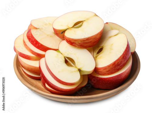 Sliced red apples on wooden plate, fresh healthy snack