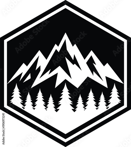 lack and white hexagon emblem with mountain peaks and evergreen pine trees, bold geometric outdoor badge design for hiking, adventure, and nature branding