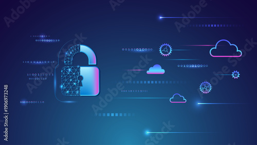 Digital data protection concept with glowing padlock, cloud computing icons, binary code, and futuristic network lines on blue background, symbolizing cybersecurity, privacy, and secure cloud systems.